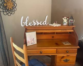 Pine small roll top desk and ladder back chair