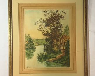 Framed Country River Scene Signed by Pierre