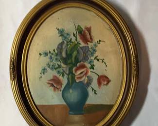 Framed Painting of Flowers in A Blue Vase Signed by M. Vipinol