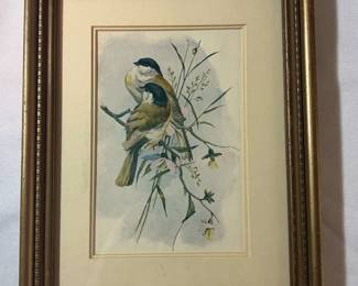 Framed Vintage Print of Chickadees, Flowers A Ladybug