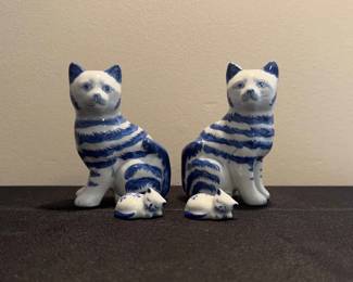 Vintage Blue And White Porcelain Hand painted Tabby Cats