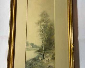 Framed Sheep Under Tree By Water Signed by H.F. Mang
