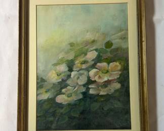Framed Pink Flowers Greenery Signed