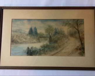 Framed Image of Dirt Path, River Bridge Signed