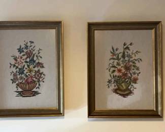 Framed Fabric Art Set Flowers in Pots