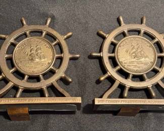 Vintage Pair Of Bronze 1927 U.S Frigate Constitution Old Ironsides Bookends