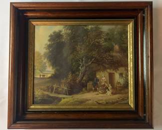 Framed Pastoral Cottage Scene Thick Wood Frame