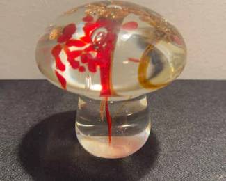Vintage Art Glass Mushroom Paperweight Red Brown Gold Glitter