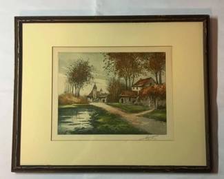 Framed Path with Cottages Print Signed by Heron