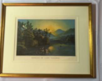 Framed Sunset on Lake Saranac Print by Currier Ives