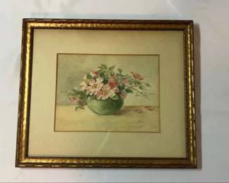 Framed Pink Flowers in Green Vase Signed NEL.