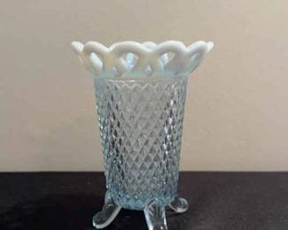 Vintage Imperial Glass Blue Opalescent Lace Rim Footed Vase