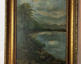 Gold Framed Painting of Lake, Tree Mountains
