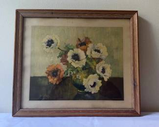 Green Vase With Purple And White Flowers