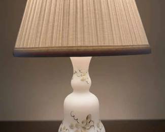 2 Small Matching White Glass Floral Lamps with Fabric Shade