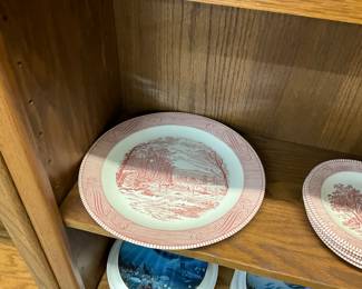 Royal China Currier & Ives Pink Chop Plate featuring the "Getting Ice" Scene