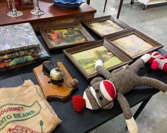 Sock Monkeys - Pinto Beans Burlap Bag - Coffee Mill Wall Plaque - Framed Art