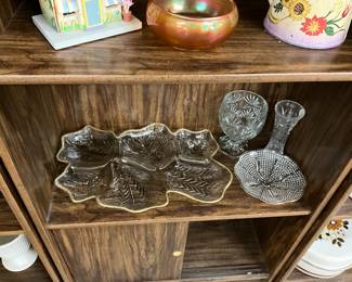 Jeanette Glass Feather Leaf 22 Kt Gold Rim Divided Relish Dish - Cut Crystal Egg Candy Dish - Crystal Bud Vase - Hazel Atlas Clear Hobnail Bubble Teardrop Dish