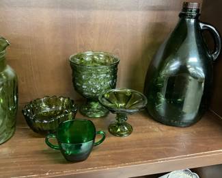 E.O. Brody Co Green Glass Pedestal Compote - Green Glass jug or Growler