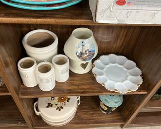 White Cottage Stoneware Co Crocks/Jars - 2 Piece Candle Holder - Anchor Hocking Fire King Milk Glass Deviled Egg Holder