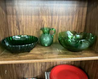 Anchor Hocking Forest Green Burple Bowl - Green Hobnail Green Pitcher - Green Art Glass Chip & Dip Bowls