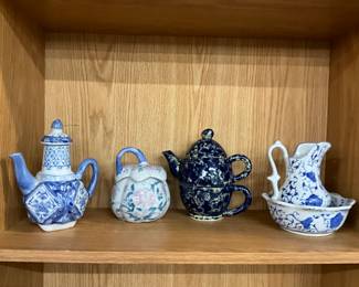 Blue & White Angular Porcelain Teapot - Chinoiserie Pumkin Ginger Jar - Navy Blue Spongeware Tea for 1 Stackable Teapot/Cup