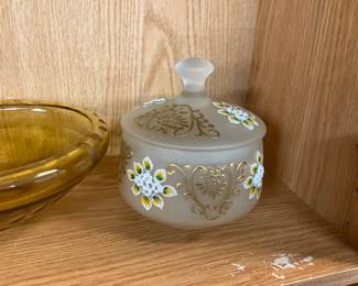 Hand Painted Frosted Glass Candy Dish Bowl w/Lid