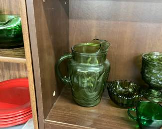 Anchor Hocking Colonial Tulip Green Glass Pitcher - Jade Green Glass Bowl - Green Square Coffee Cup