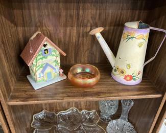Wood/Tin Birdhouse - Marigold Carnival Glass Bowl - Metal Hand Painted Watering Can