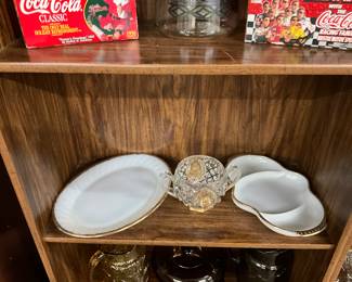 White Oval Platter w/Gold Trim - 2 Handled Sugar Bowl w/Gold Accents - Anchor Hocking Fire King Milk Glass Divided Dish w/Gold Trim