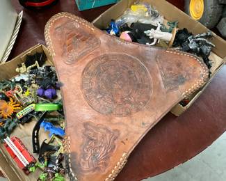 Mexican Aztec Hand Tooled Leather Tripod Stool Seat