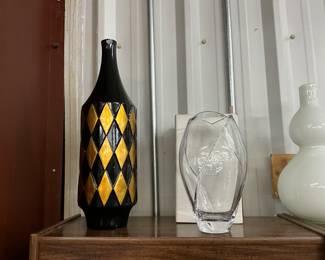Black & Gold Shiny Harlequin Checks Pottery Vase - Mikasa Slovenia Crystal Tulip Vase