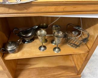 Silver Plated Sugar Bowl - Gravy Boat - Silver Plated Wine Goblets - Silver Plated Grape Design Basket
