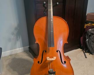 Strunal cello size 4/4 made in Czech Republic with cello stand, 2 bows, string, and a wire stand - $650 
There is no bag or carrying case included 
