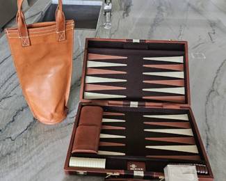 Bati Paraguayan leather wine tote, SkorMor Leather vintage backgammon game set, Schaeffer vintage fountain pen (never used), Cie cologne (95% full) with atomizer.