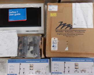 LOT RACK ACCESSORIES AND MORE INCLUDING FRACTAL DEFINE 7, MONITOR DESK MOUNT, MIDDLE ATLANTIC IN ORIGINAL BOXES