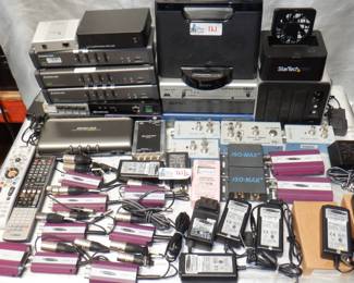 2 BOXES ELECTRONICS INCKUDING MIRANDA, GEFEN, REMOTES AND MORE
