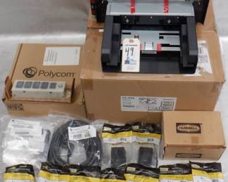 LOT OF ELECTRONICS INCLUDING HUBBELL SURFACE BOX, POLYCOM ASSEMBLY KIT, MINOLTA PART IN ORIGINAL BOXES