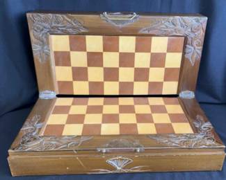 Antique Hand Carved Asian Chess Set & Pieces * Storage Box and Board Set