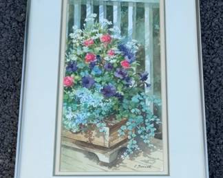 Local PNW Artist CRISSE BENNETT Framed & Signed Watercolor Deck Flowers * Local Edmonds Artist