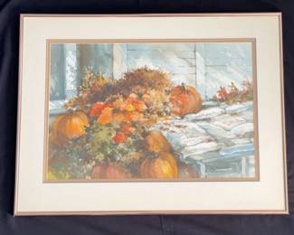 CRISSE BENNETT Framed & Signed Watercolor Fall Pumpkins * Local Edmonds Artist