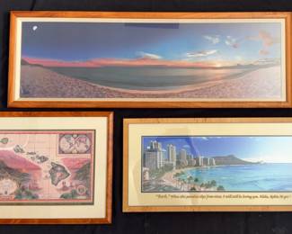 Large Beautiful Framed Hawaiian Beach Photographs & Gorgeous Map Of The Islands