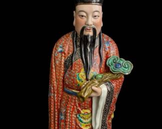 Vintage Chinese God of Wealth Hand painted Porcelain Statue * Large 19.5” Height