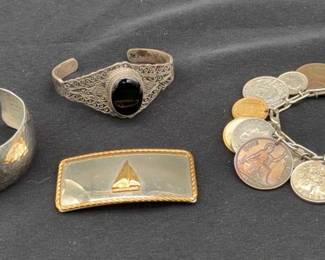1934-1956 Vintage Coin, One Sterling Silver & Alpaca Bracelets * German Silver Buckle