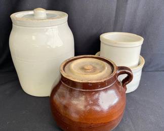 Antique Stoneware Bean Pot And Cream Color Crocks