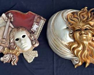 Large 20” 3-Dimensional Venesian Paper Mache Masks * Sun & Moon, ‘Gli Strumenti Musicali’