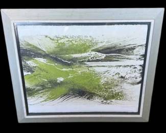 Signed Abstract believe to be a Watercolor?? In Shades Of Green * Floating In A Frame
