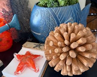 Art Glass Orange & Clear Starfish Figurine, Spike Wood Sphere Decor, Blue Pottery Fish Pesce Planter
