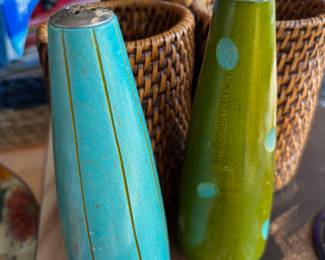 Turquoise Striped and Green Polka Dot Wooden Pepper Grinder & Salt Shaker