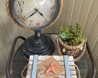 Coastal Style Rope Wrapped Mantle Clock, Faux Succulents, Coastal Style Starfish Storage Box